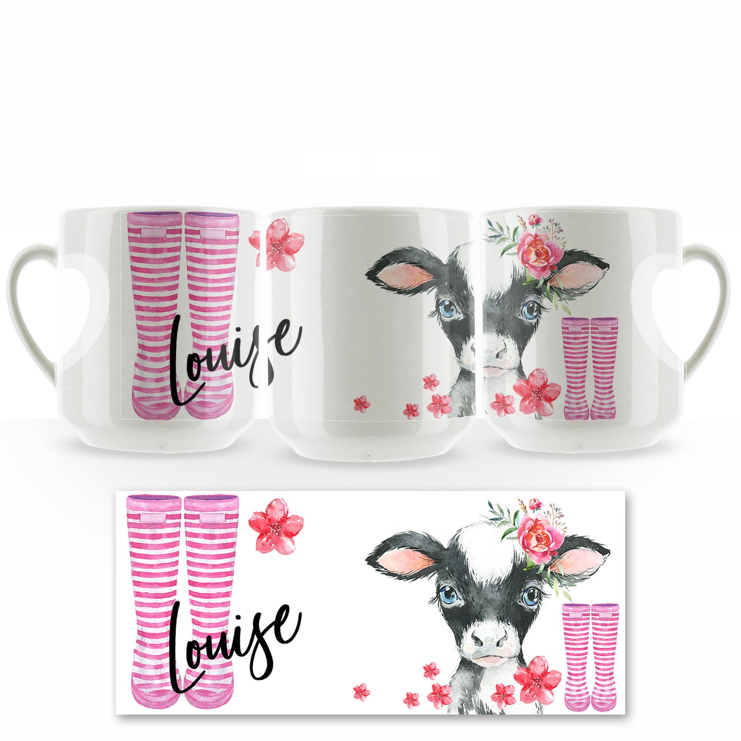 Personalised Mug with Stylish Text and Pink Flower & Cow Pink Striped Wellies