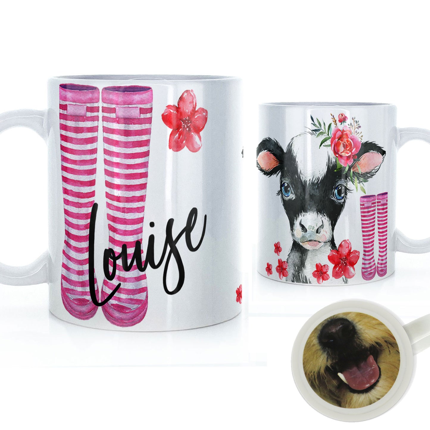 Personalised Mug with Stylish Text and Pink Flower & Cow Pink Striped Wellies
