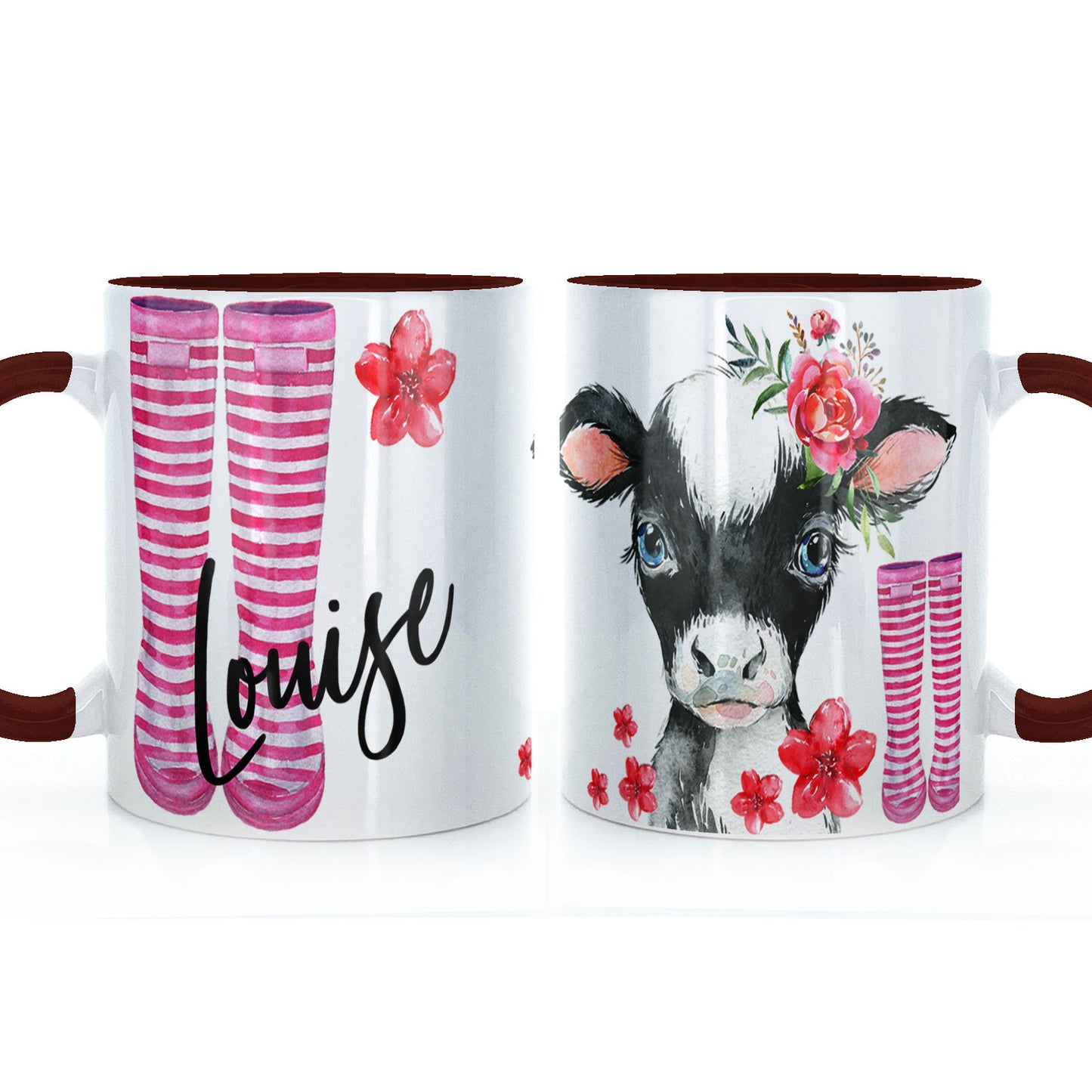Personalisierte Tasse mit stilvollem Text und rosa Blumen- und kuhrosa gestreiften Gummistiefeln