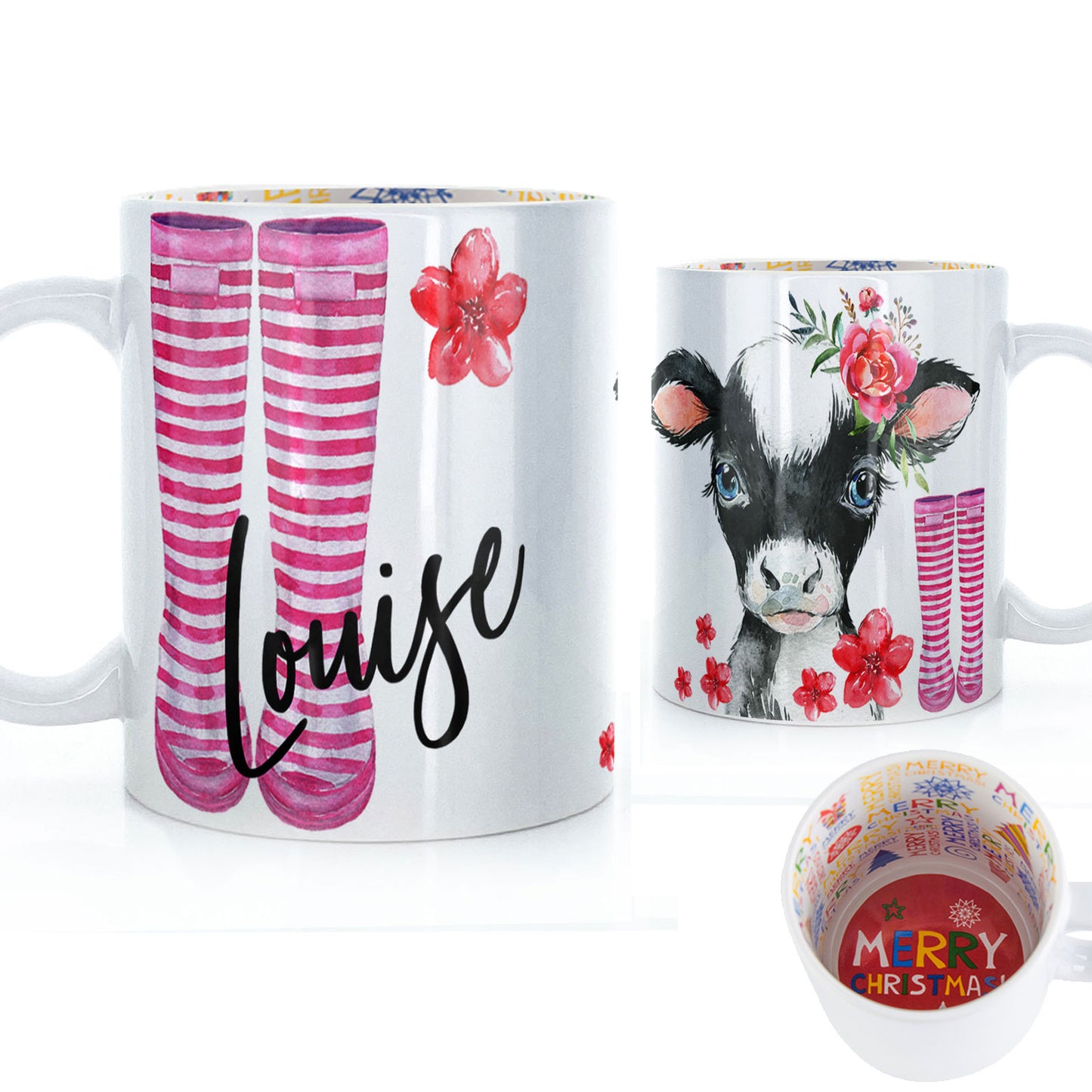 Personalisierte Tasse mit stilvollem Text und rosa Blumen- und kuhrosa gestreiften Gummistiefeln