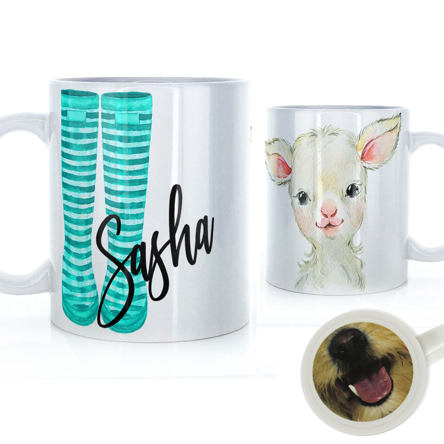 Personalised Mug with Stylish Text and Lamb & Blue Striped Wellies