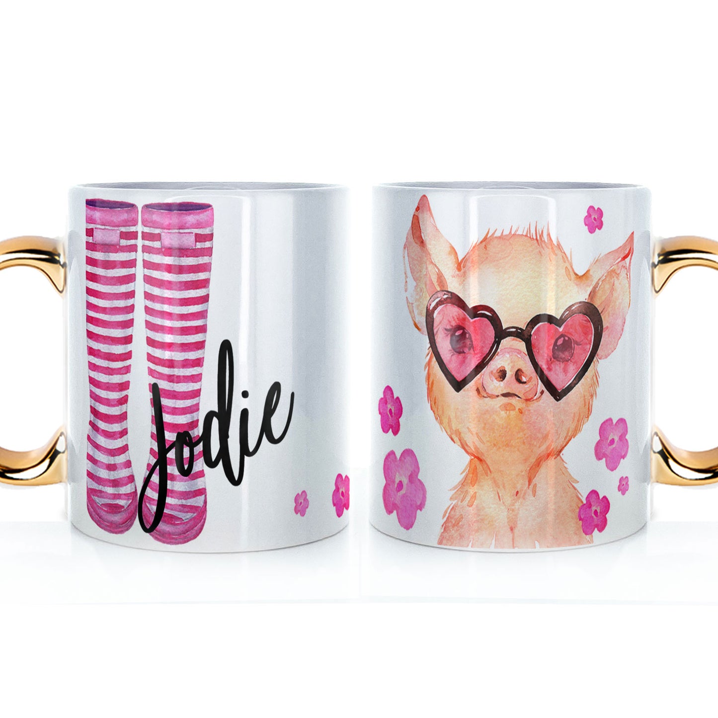Personalised Heart Glasses Pig and Name Mug