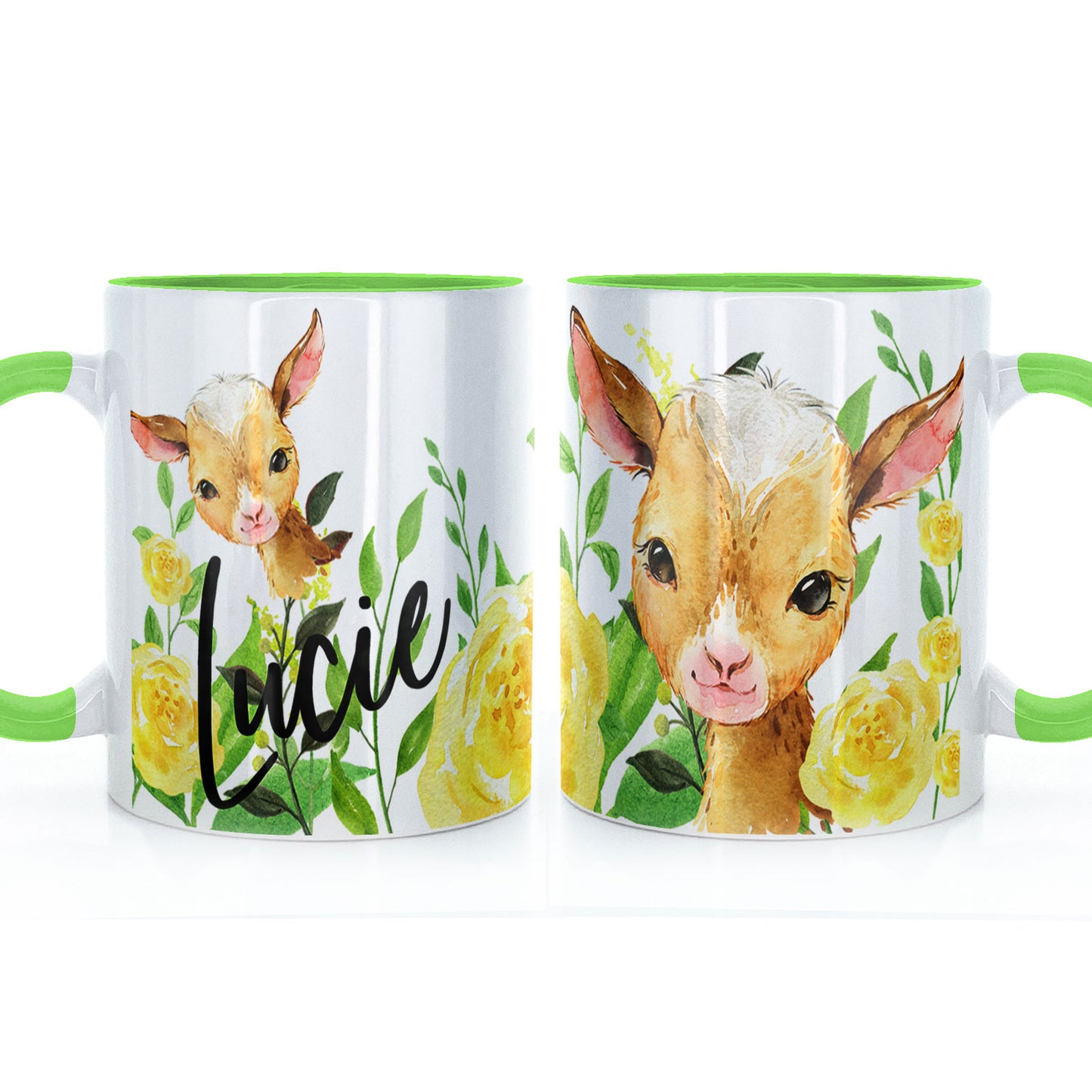 Personalised Mug with Stylish Text and Yellow Flower Goats
