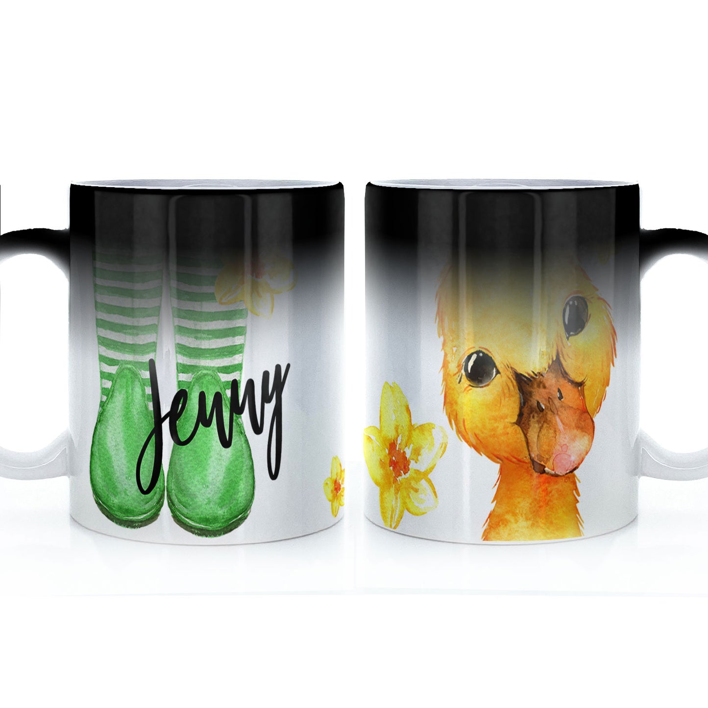 Personalisierte Tasse mit stilvollem Text und gelbem Blumen-Entlein und grün gestreiften Gummistiefeln