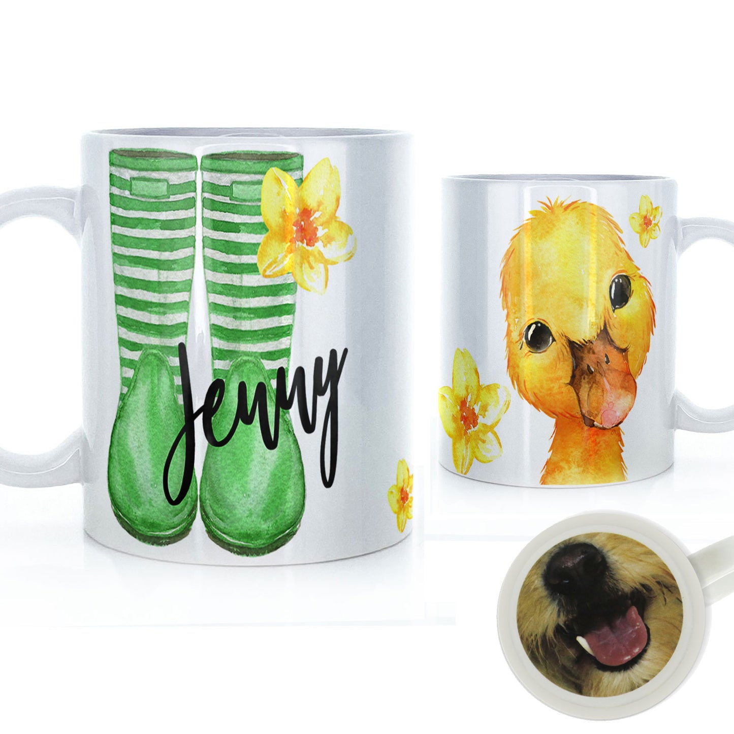 Personalised Mug with Stylish Text and Yellow Flower Duckling & Green Striped Wellies