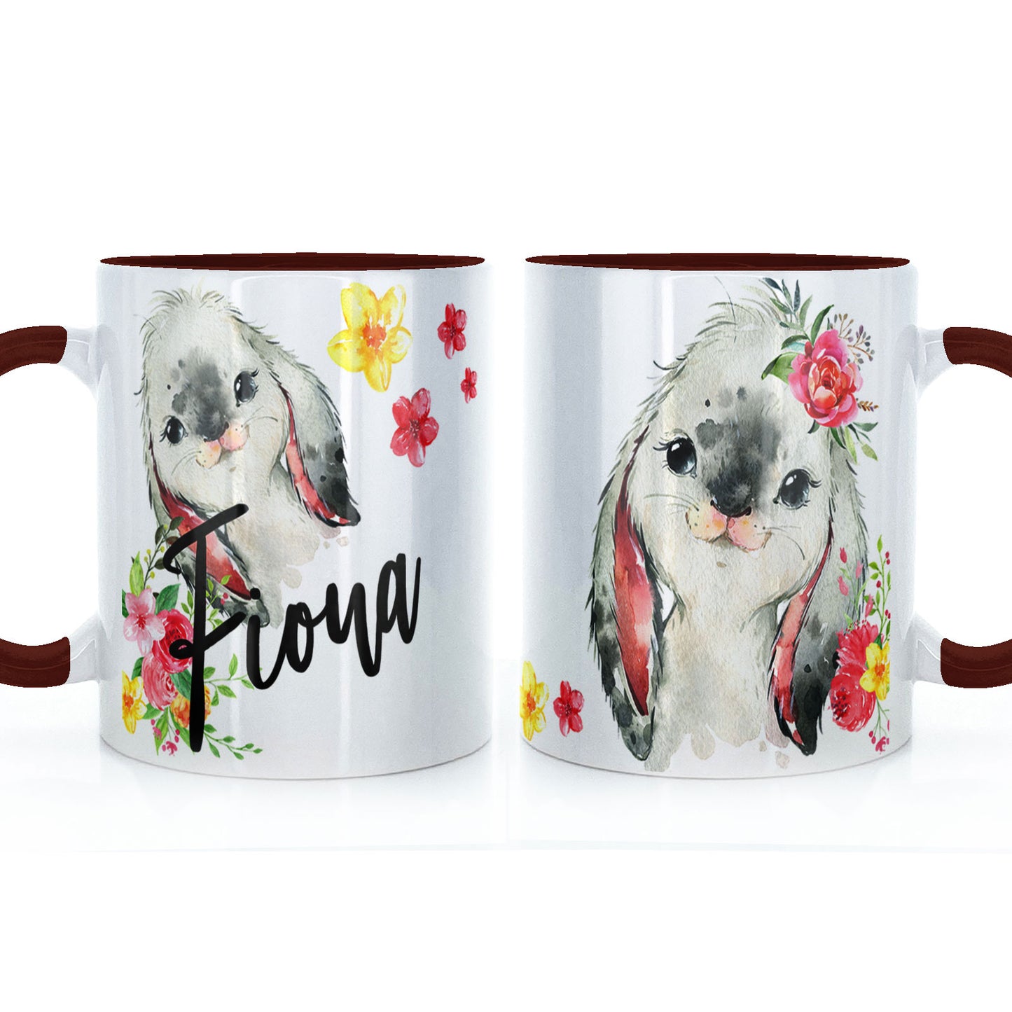 Personalised Mug with Stylish Text and Flowery Rabbits