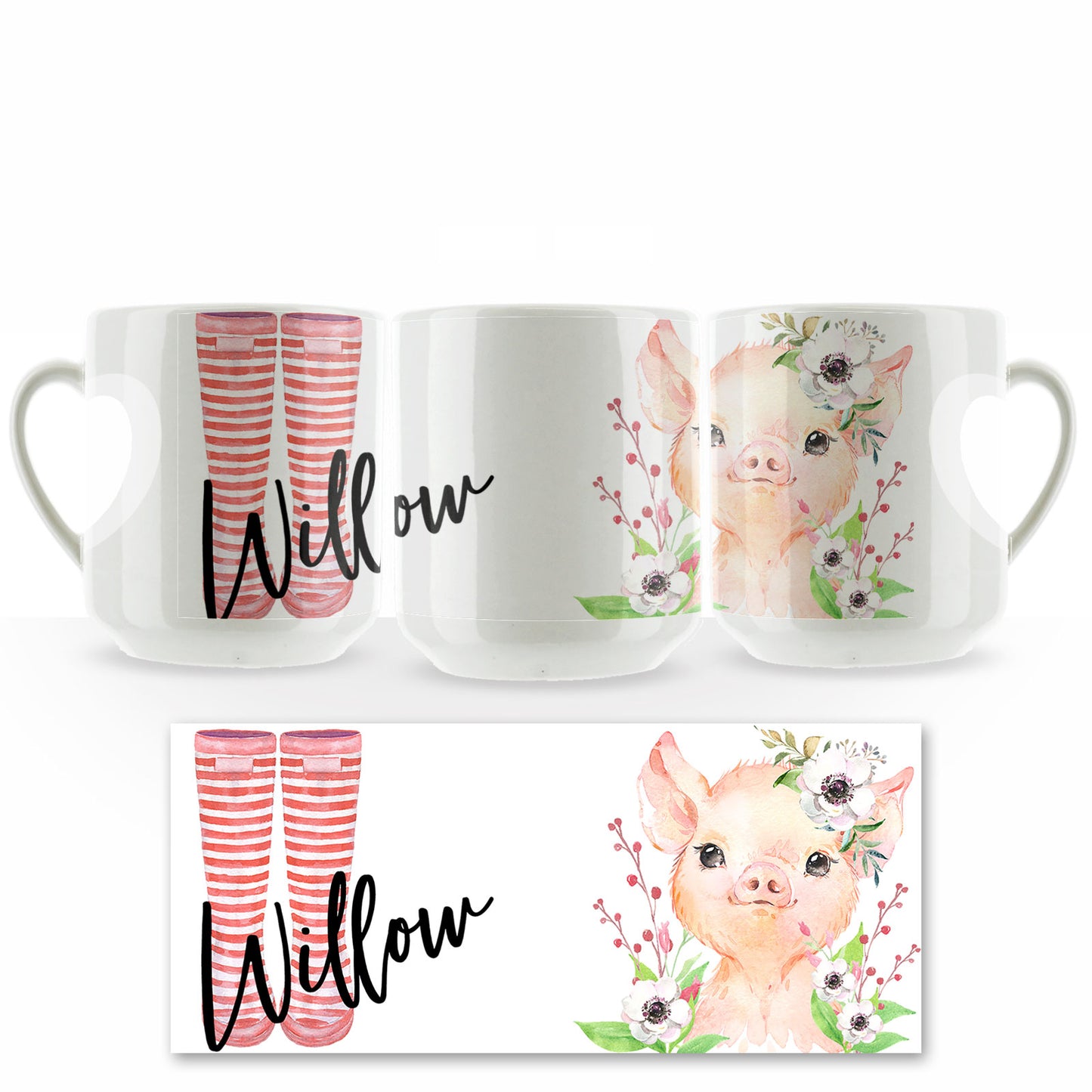 Personalisierte Tasse mit stilvollem Text und weißem Blumenschwein und rot gestreiften Gummistiefeln