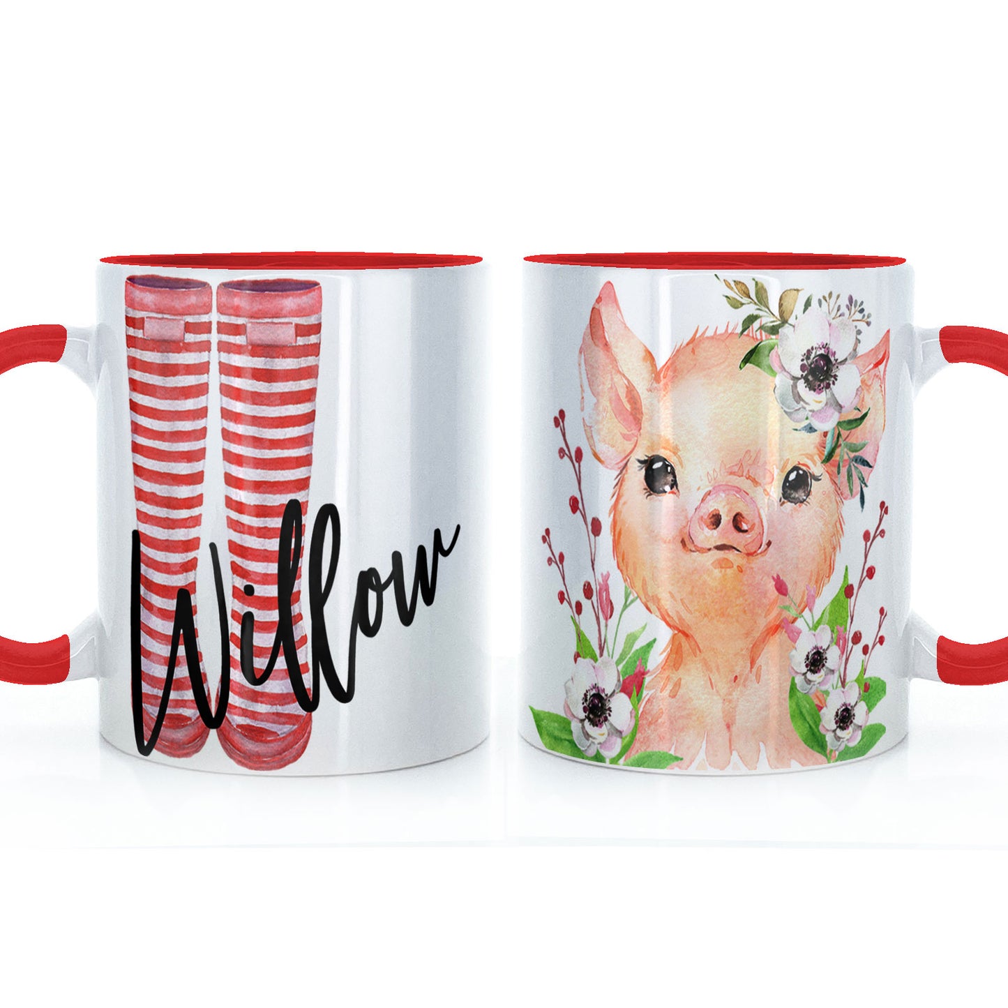 Personalisierte Tasse mit stilvollem Text und weißem Blumenschwein und rot gestreiften Gummistiefeln