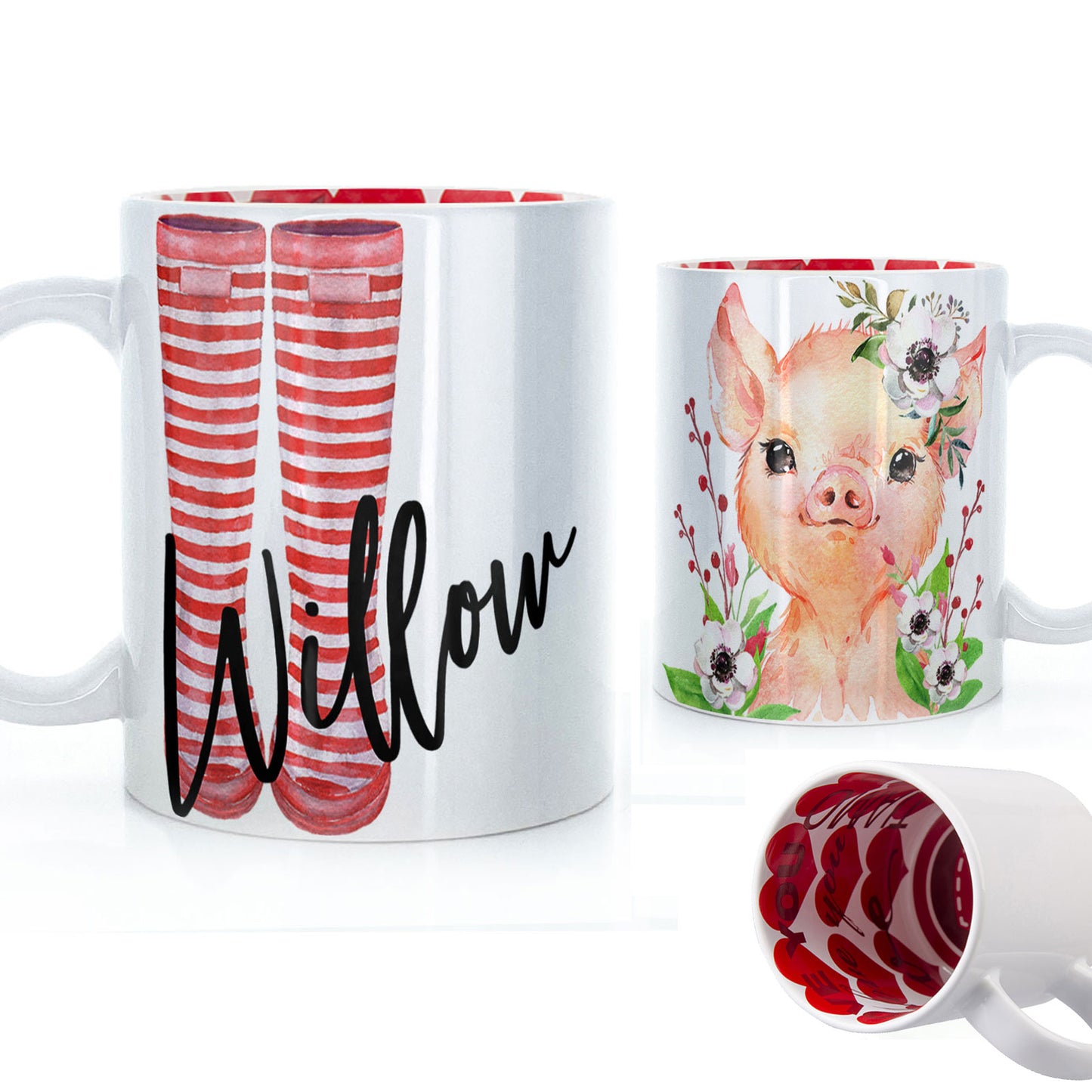 Personalisierte Tasse mit stilvollem Text und weißem Blumenschwein und rot gestreiften Gummistiefeln