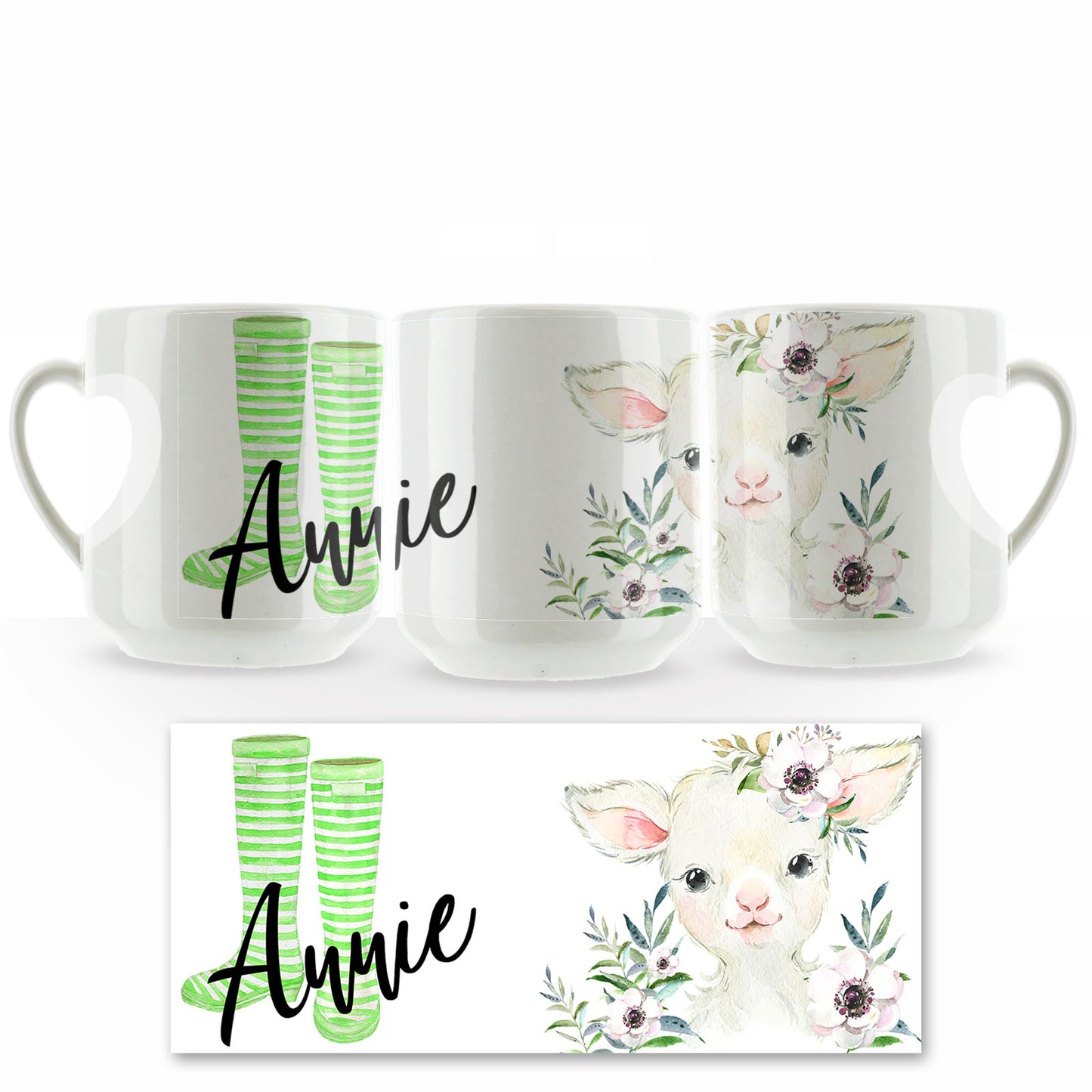 Personalised Mug with Stylish Text and White Flower Lamb & Green Striped Wellies