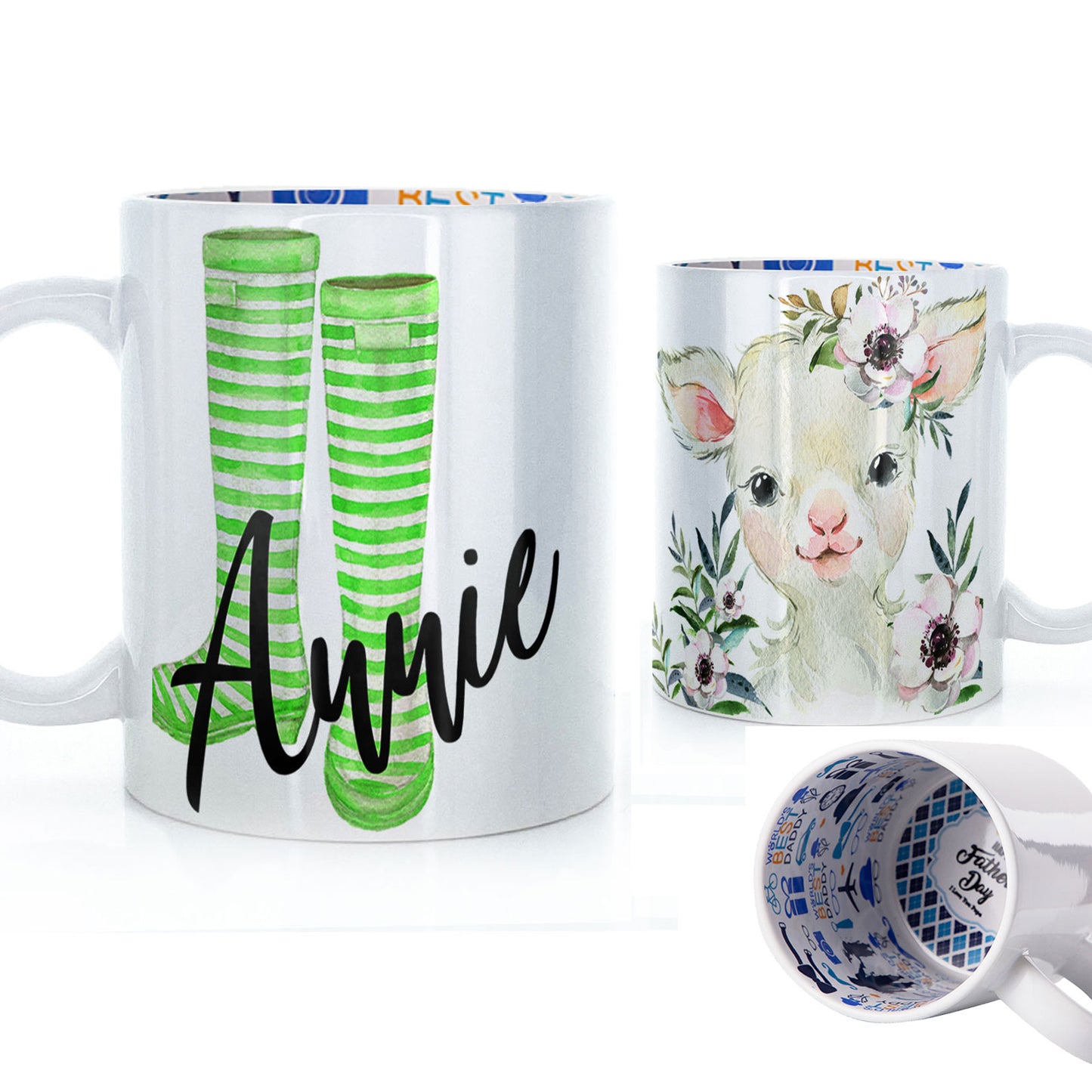 Personalisierte Tasse mit stilvollem Text und weißem Blumenlamm und grün gestreiften Gummistiefeln