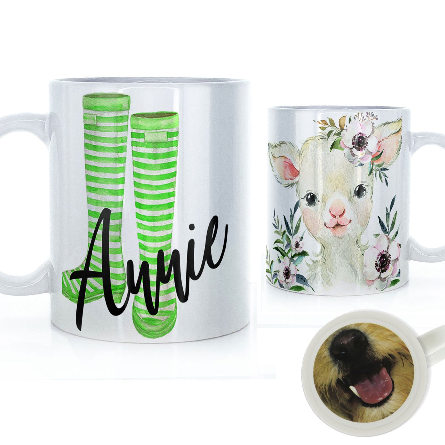 Personalised Mug with Stylish Text and White Flower Lamb & Green Striped Wellies