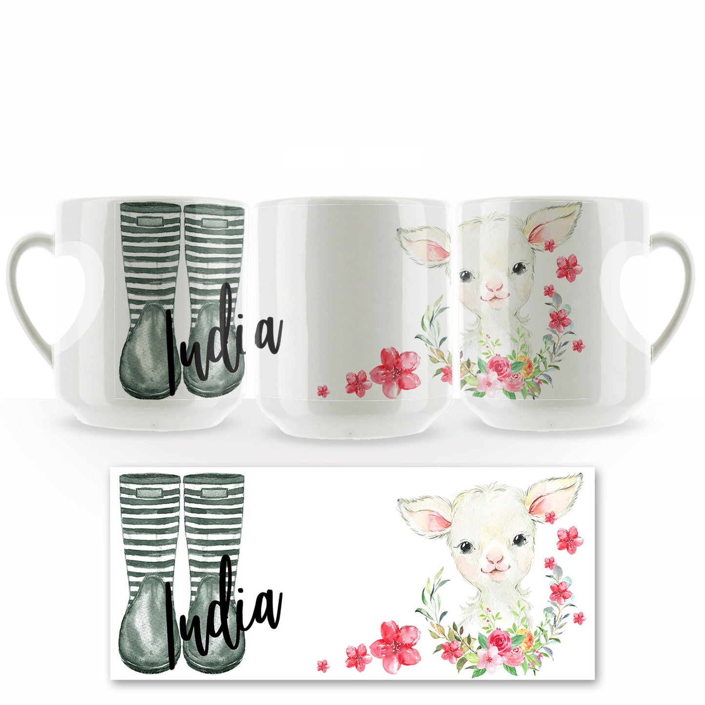 Personalised Mug with Stylish Text and Pink Flower Lamb & Green Striped Wellies