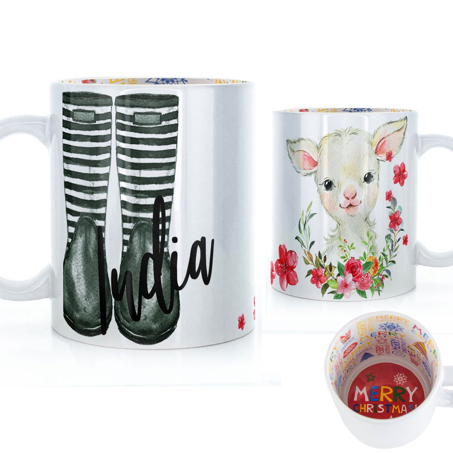 Personalised Mug with Stylish Text and Pink Flower Lamb & Green Striped Wellies