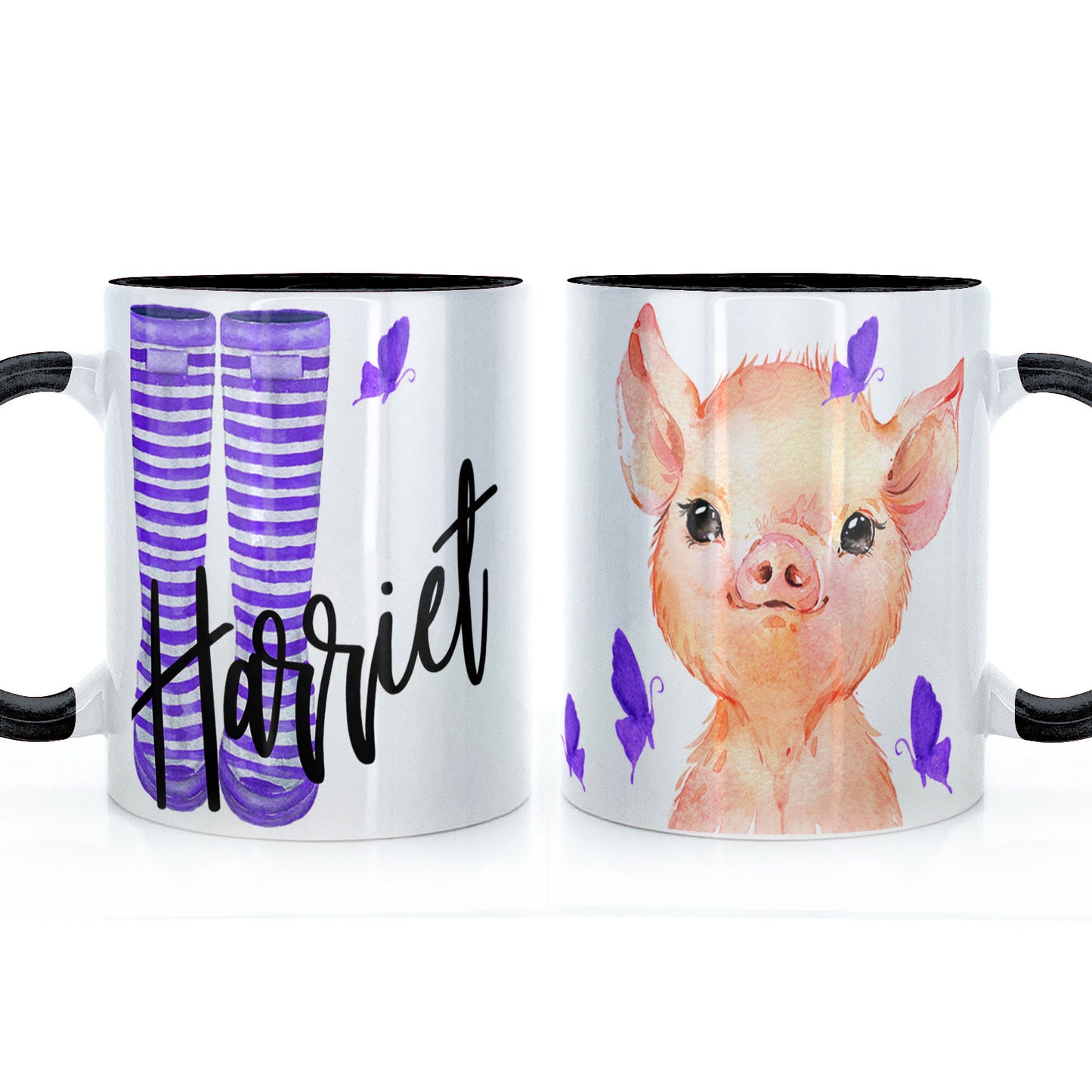 Personalisierte Tasse mit lila Schmetterlingsschwein und Namen