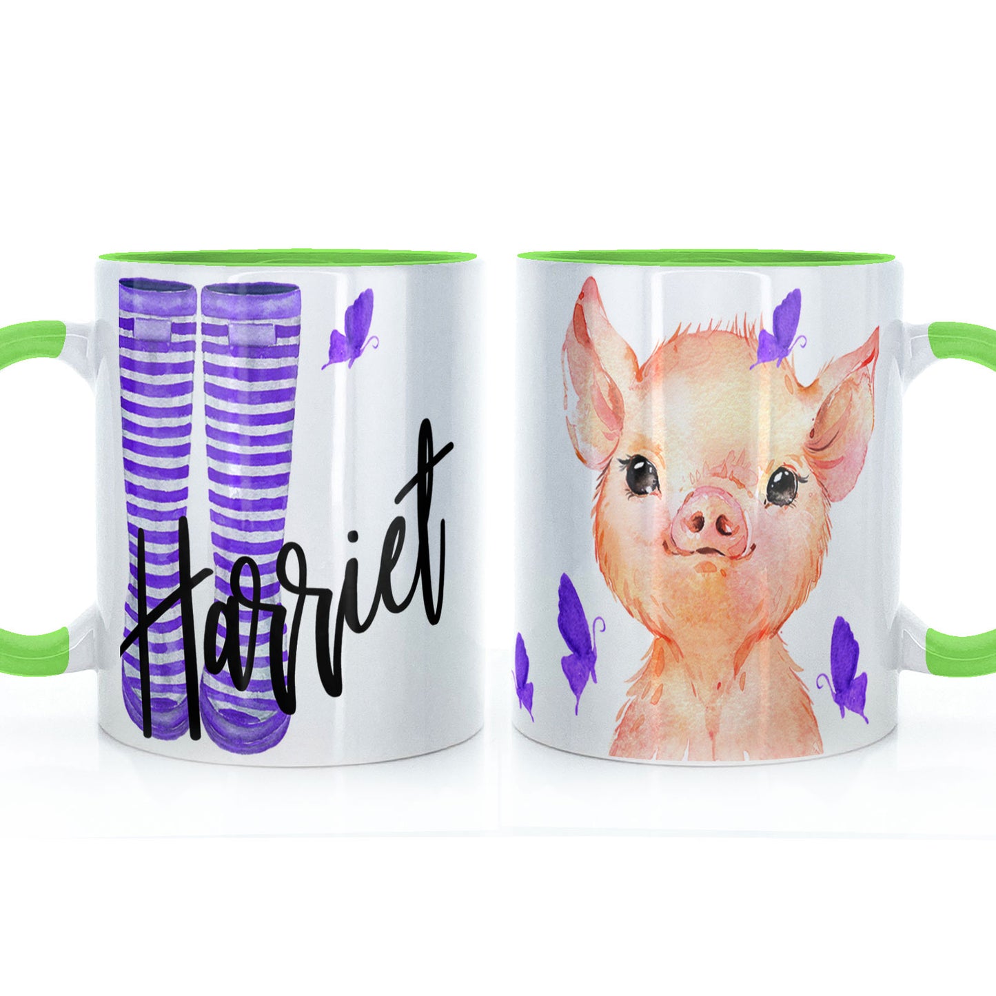 Personalisierte Tasse mit lila Schmetterlingsschwein und Namen