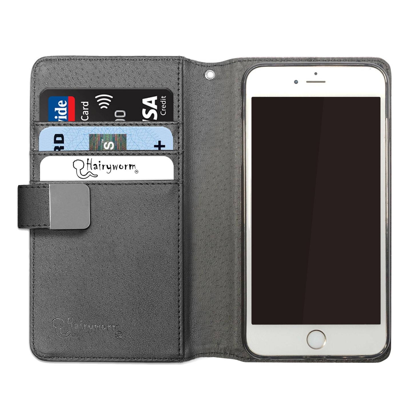 Personalisierte LG-Handy-Leder-Geldbörse mit goldenem floralem Einhorn und Text auf grauem Marmor