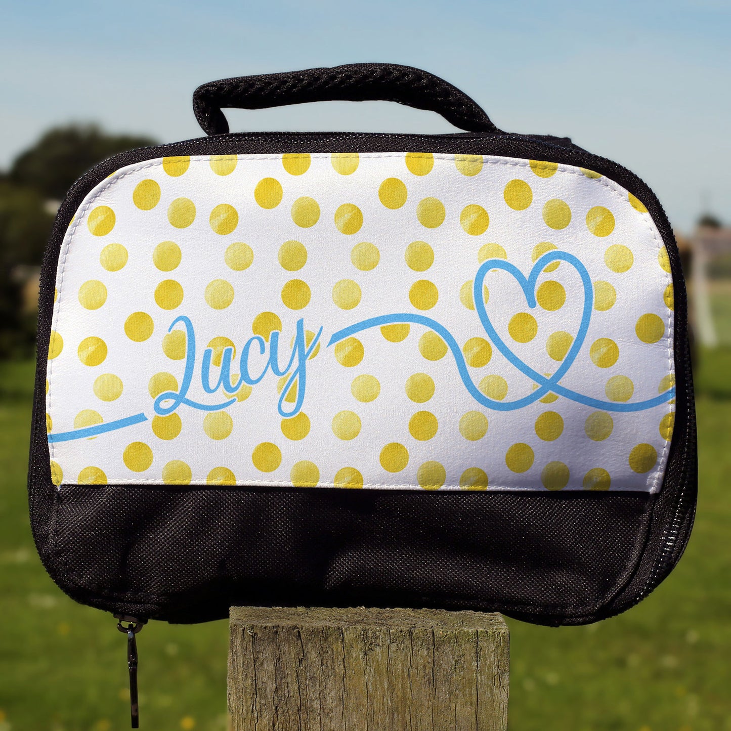 Personalised Lunch Bag with Stylish Block Initials with Yellow Polka with Name