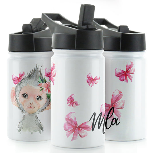 Personalisierte Affen-Rosa-Schleifen und Name-weiße Sport-Flasche
