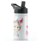 Personalised Monkey Pink Bows and Name White Sports Flask