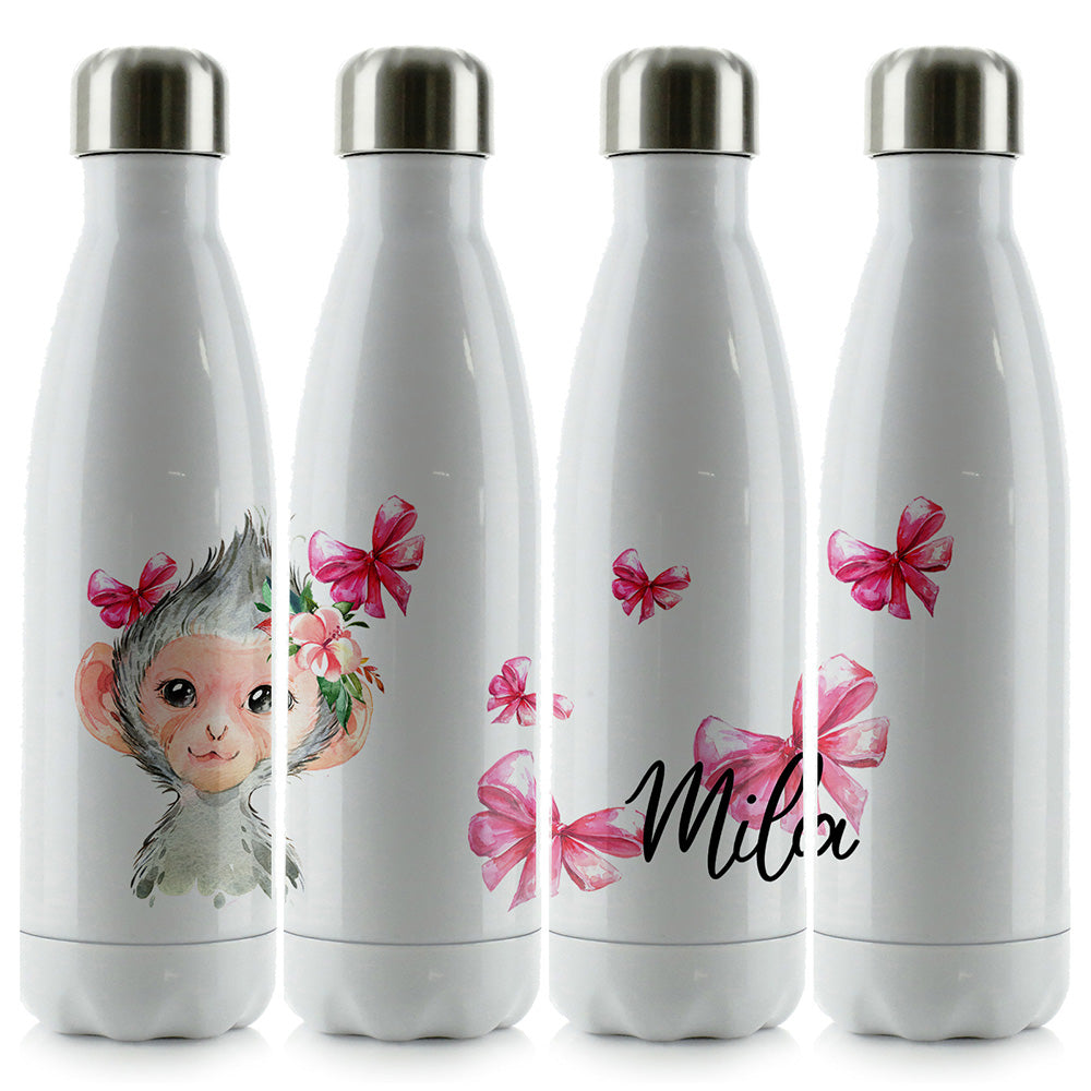 Personalised Monkey Pink Glitter Bows and Name Cola Bottle