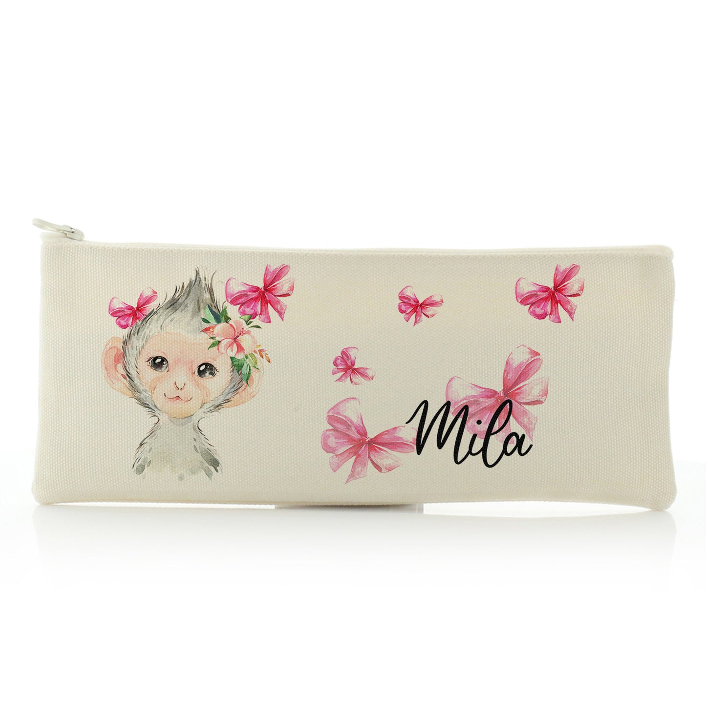Personalised Canvas Zip Bag with Monkey Pink Bows and Cute Text
