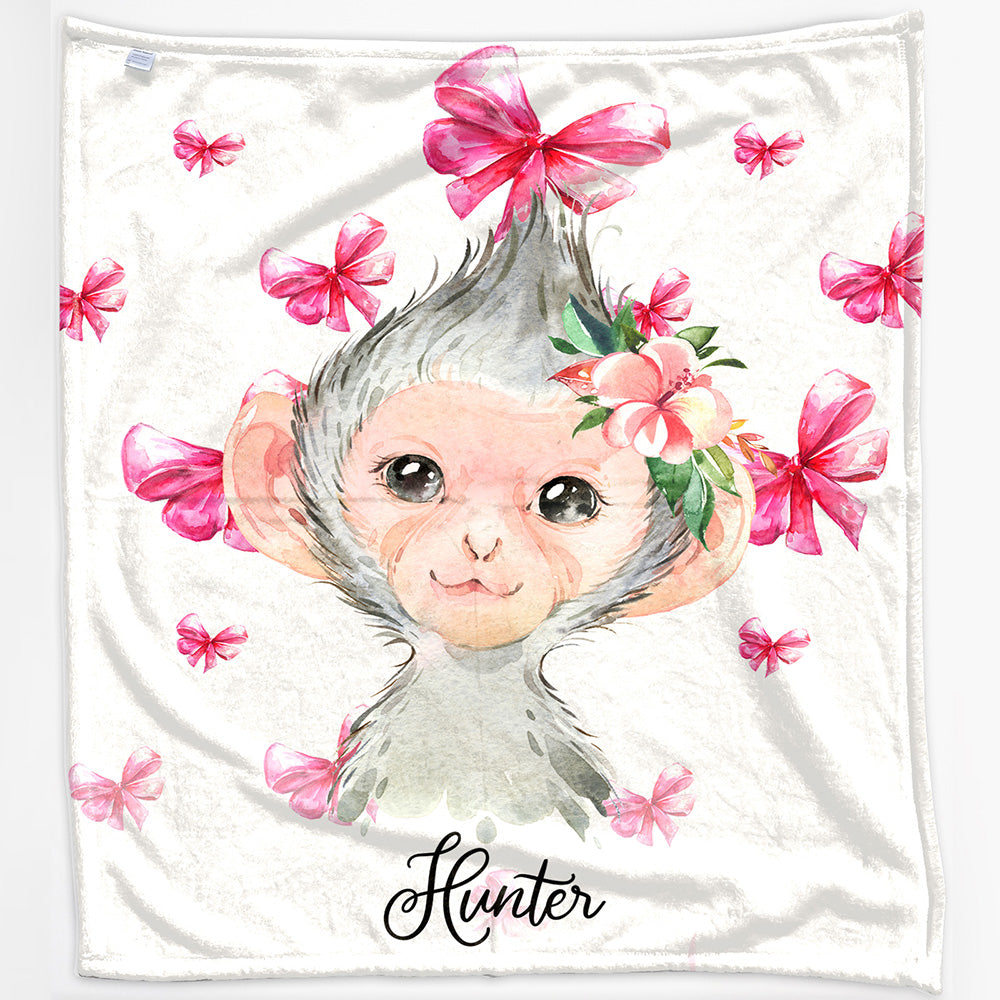 Personalised Monkey Pink Glitter Bows and Name Baby Blanket