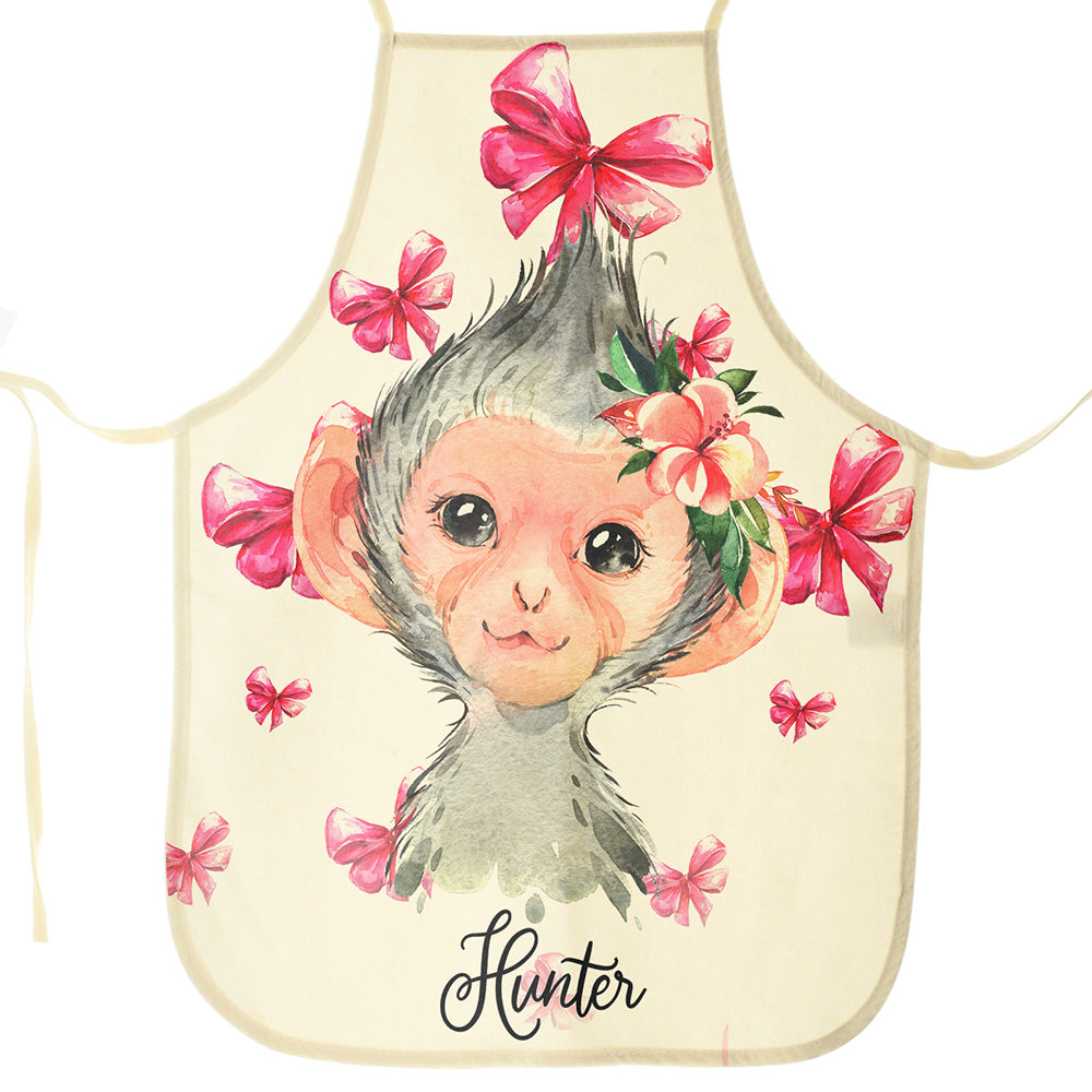 Personalised Canvas Apron with Monkey Pink Bows and Name Design