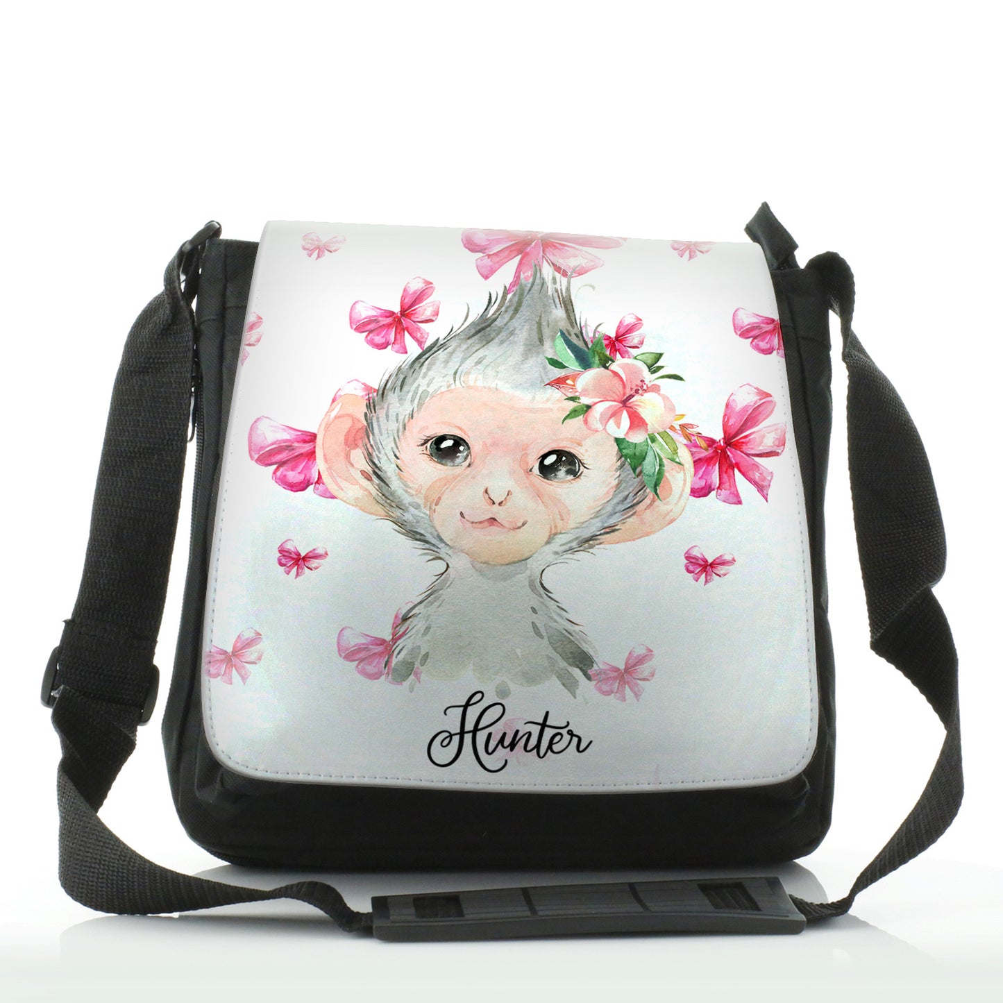 Personalised Shoulder Bag with Monkey Pink Bows and Cute Text