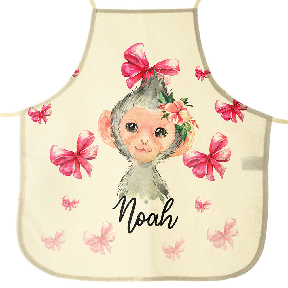 Personalised Canvas Apron with Monkey Pink Bows and Name Design