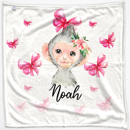 Personalised Monkey Pink Glitter Bows and Name Baby Blanket