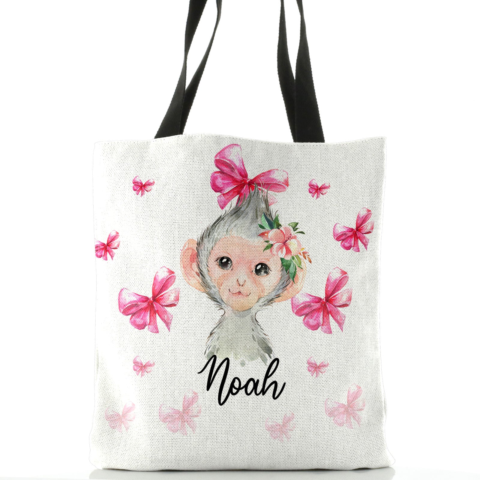 Personalised White Tote Bag with Monkey Pink Bows and Cute Text
