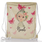 Personalised Glitter Drawstring Backpack with Monkey Pink Bows and Cute Text