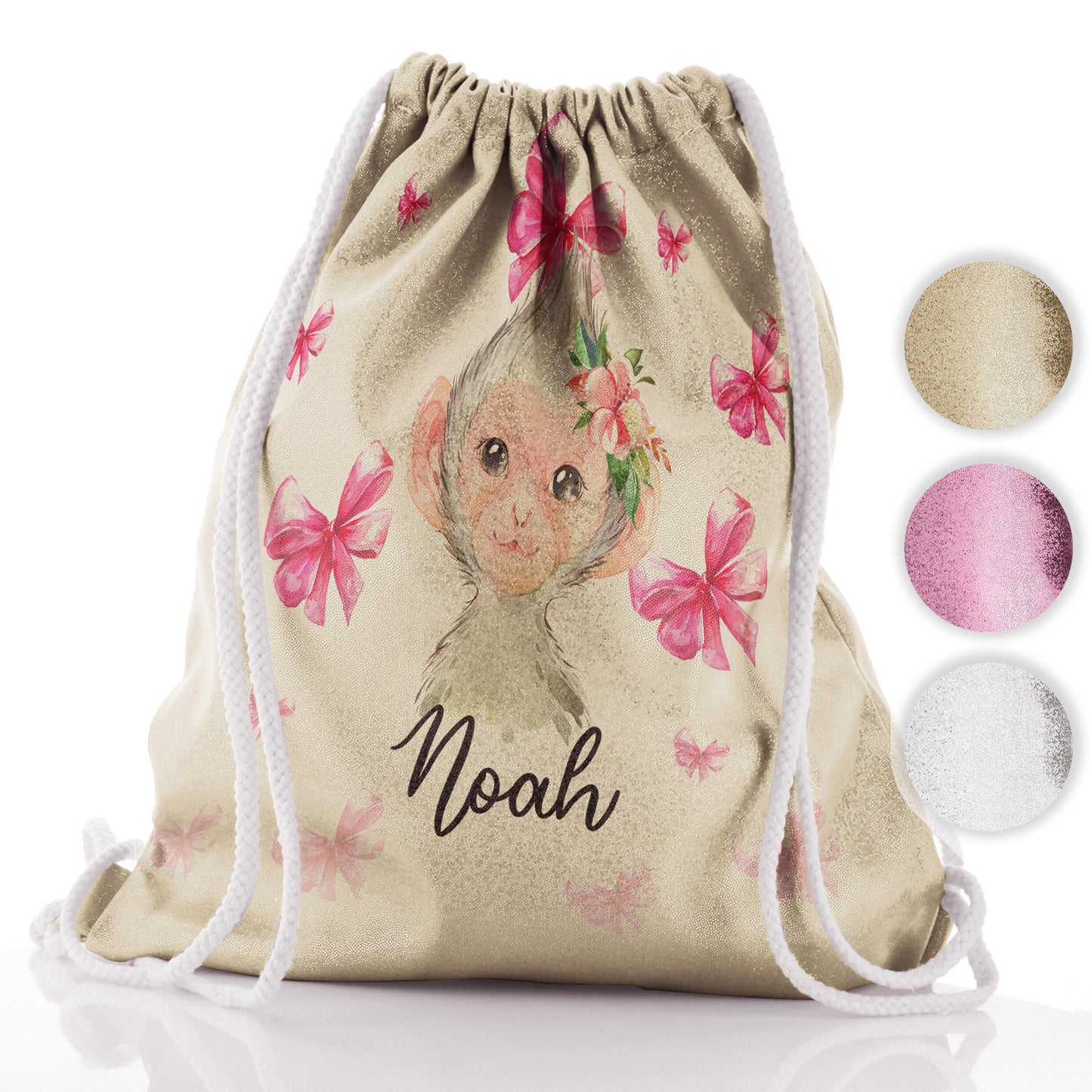 Personalised Glitter Drawstring Backpack with Monkey Pink Bows and Cute Text