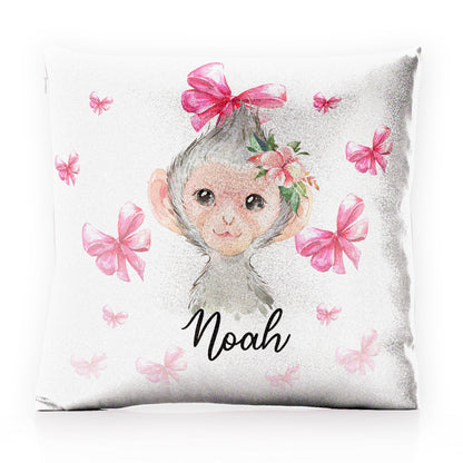 Personalised Glitter Cushion with Monkey Pink Bows and Cute Text