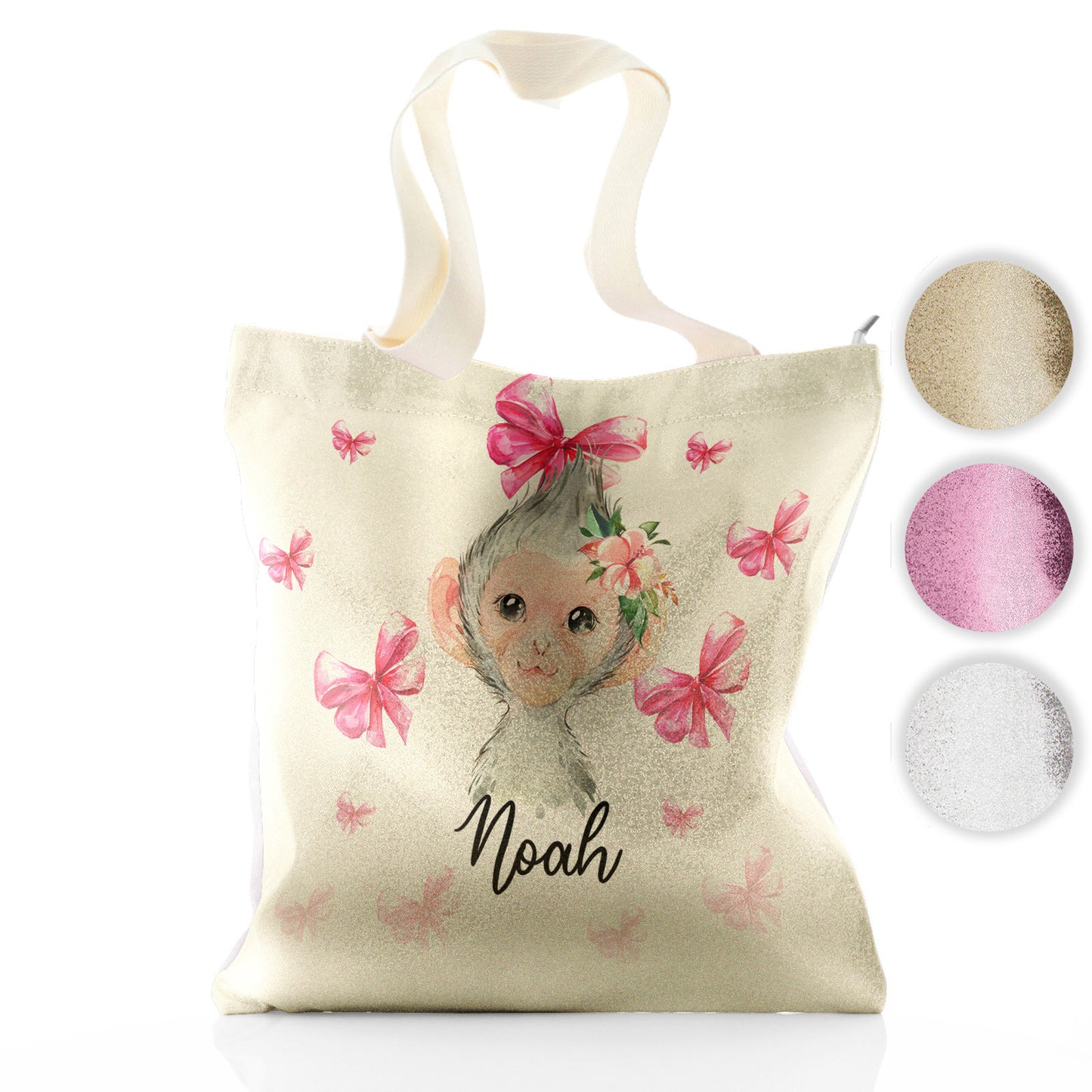 Personalised Glitter Tote Bag with Monkey Pink Bows and Cute Text