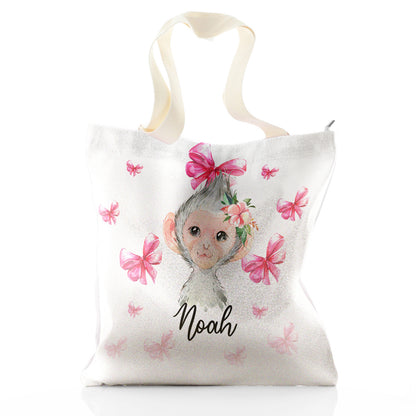 Personalised Glitter Tote Bag with Monkey Pink Bows and Cute Text