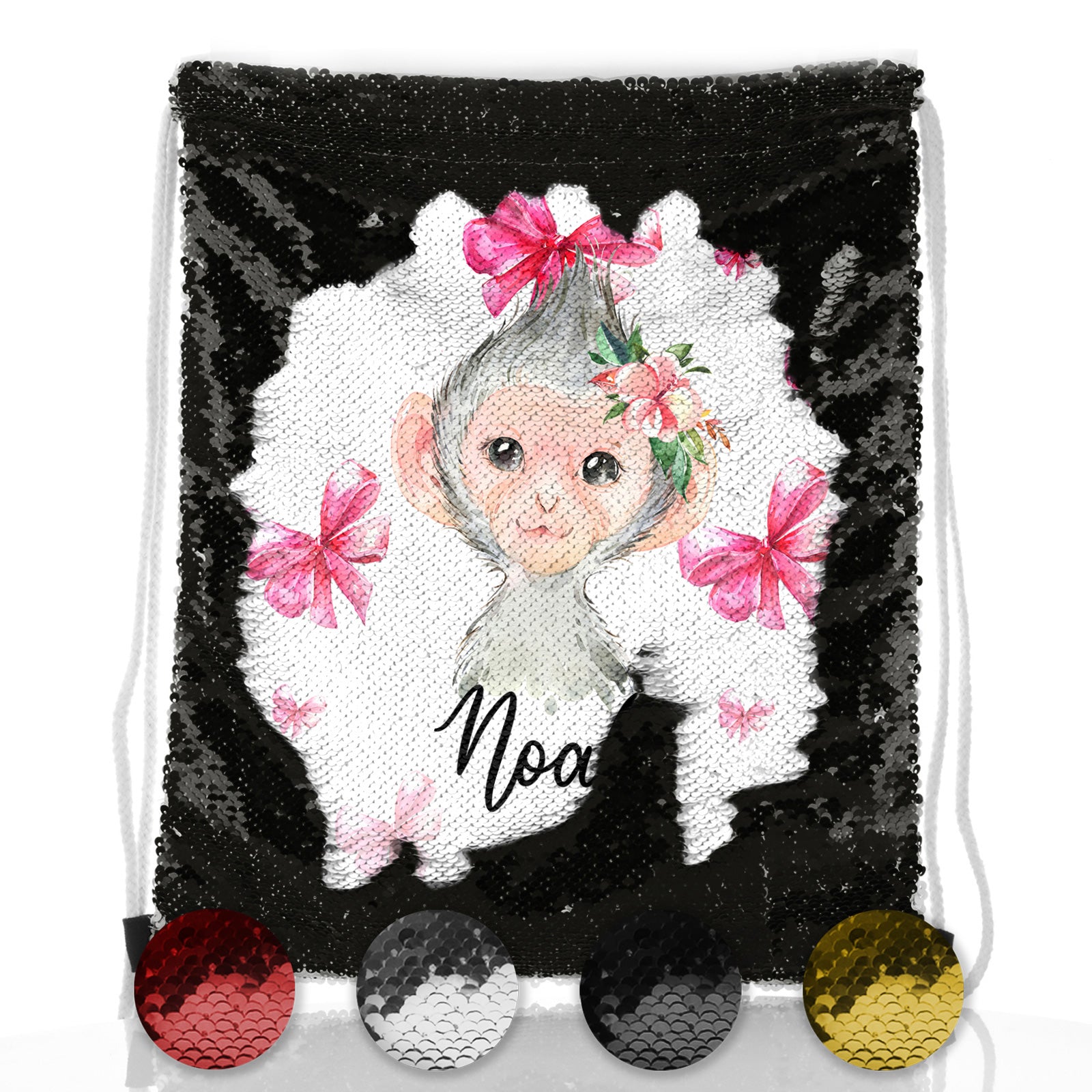 Personalised Sequin Drawstring Backpack with Monkey Pink Bows and Cute Text