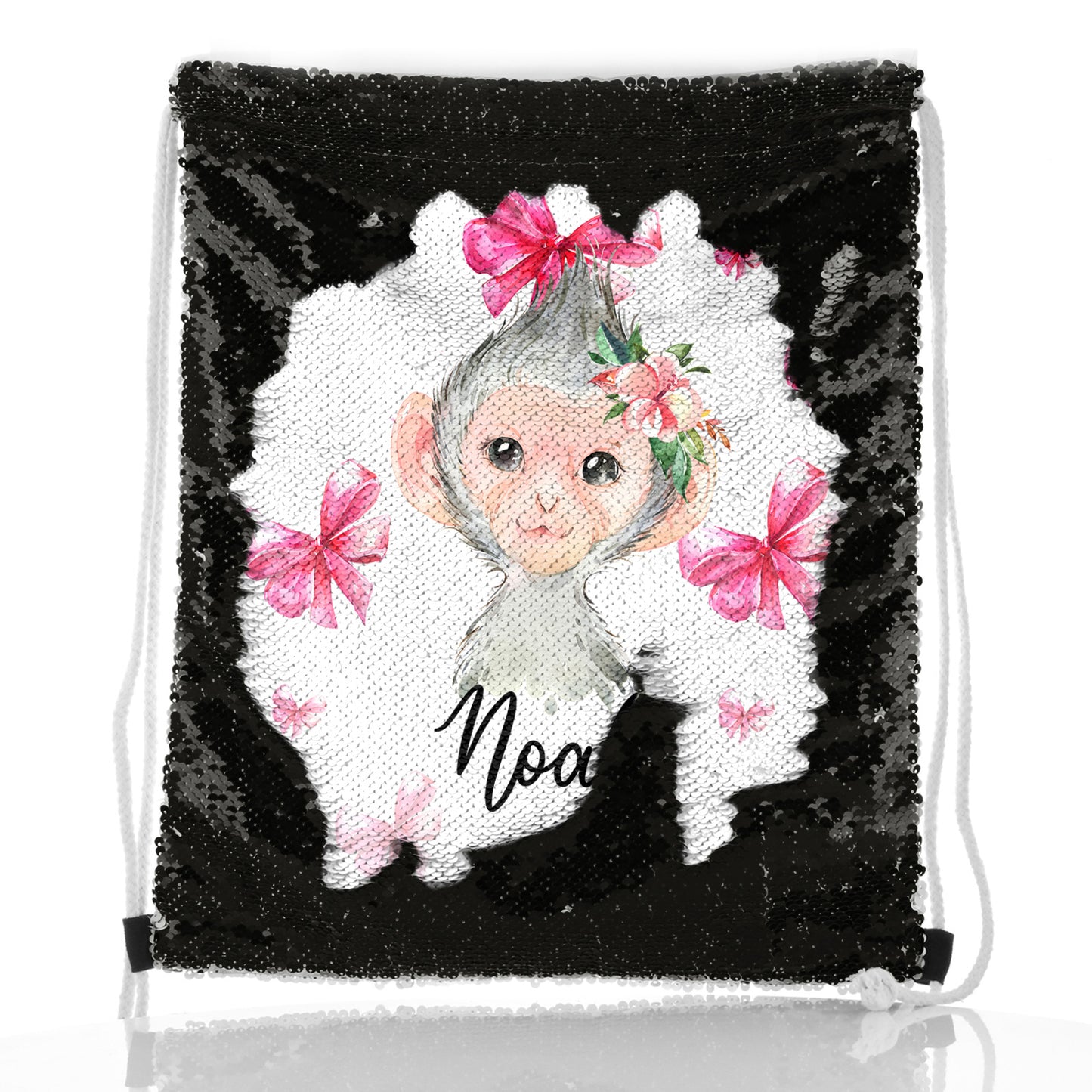 Personalised Sequin Drawstring Backpack with Monkey Pink Bows and Cute Text
