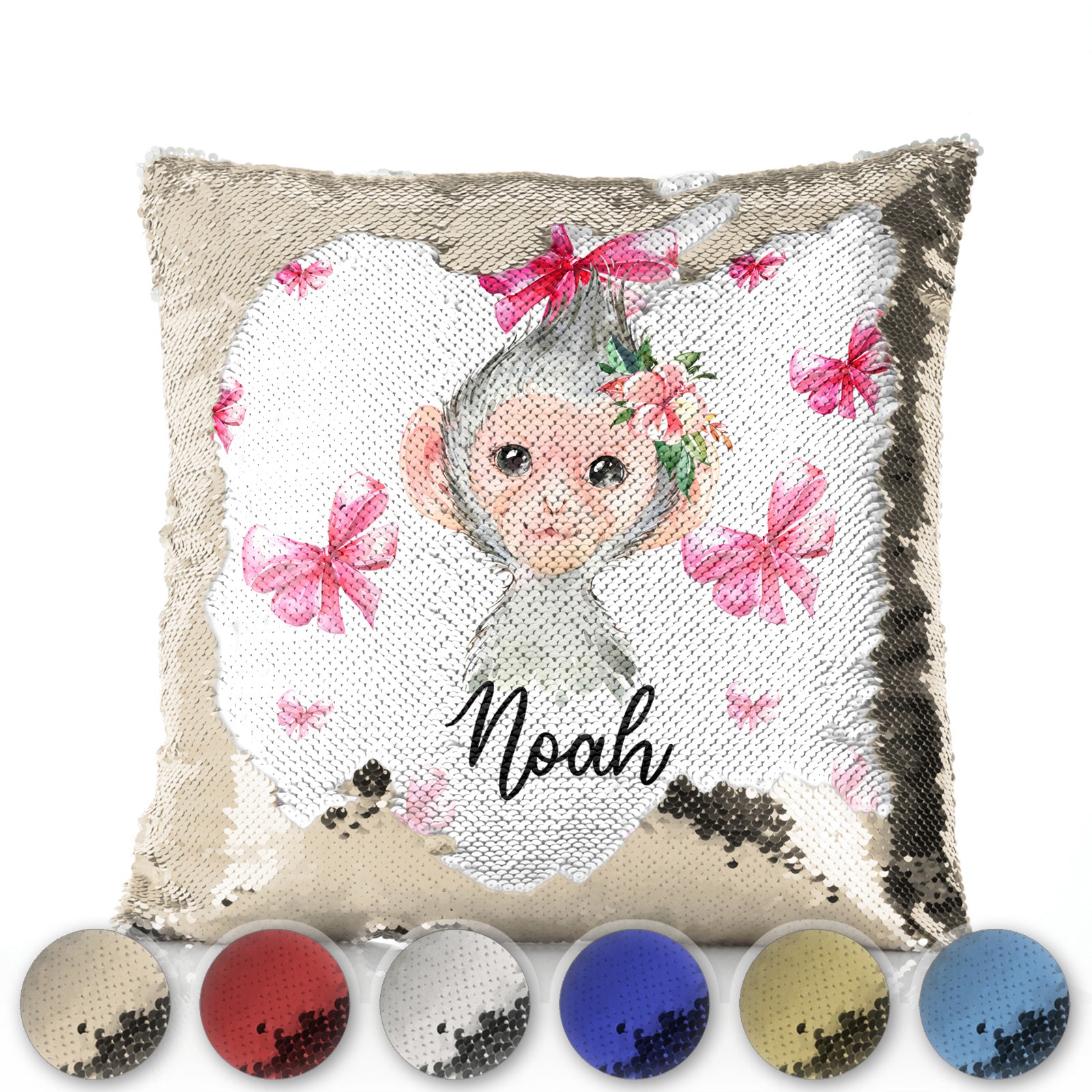 Personalised Sequin Cushion with Monkey Pink Bows and Cute Text