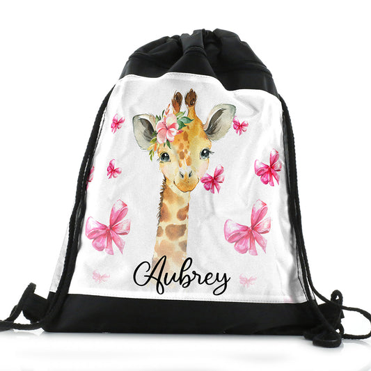 Personalisierter Giraffen-Rosa-Glitzer-Bogen und schwarzer Kordelzug-Rucksack mit Namen