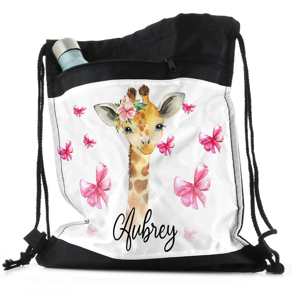 Personalised Giraffe Pink Glitter Bows and Name Black Drawstring Backpack