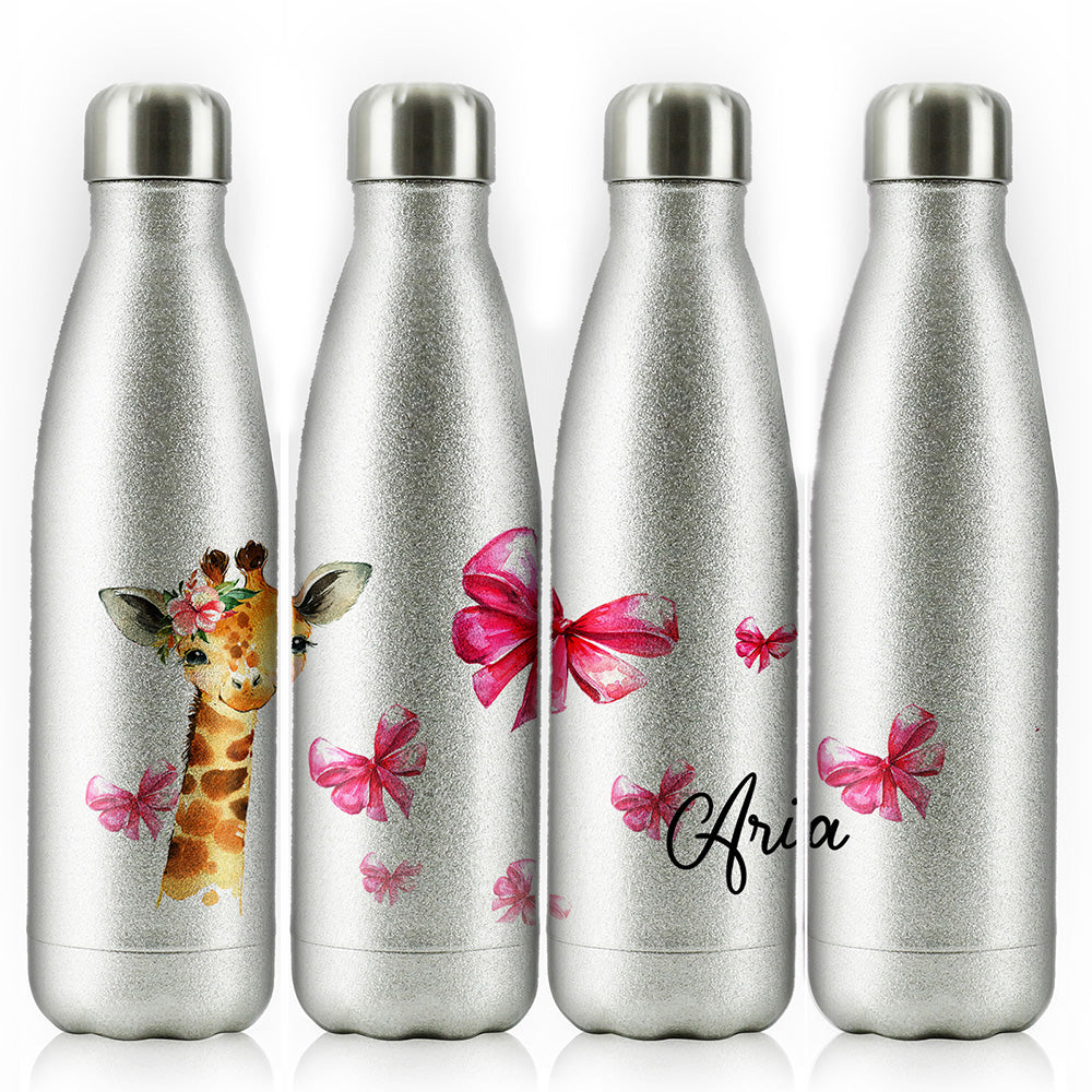 Personalised Giraffe Pink Glitter Bows and Name Cola Bottle