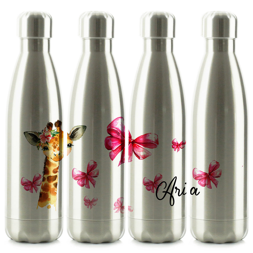 Personalisierte Giraffen-Rosa-Glitzerschleifen und Cola-Flasche mit Namen