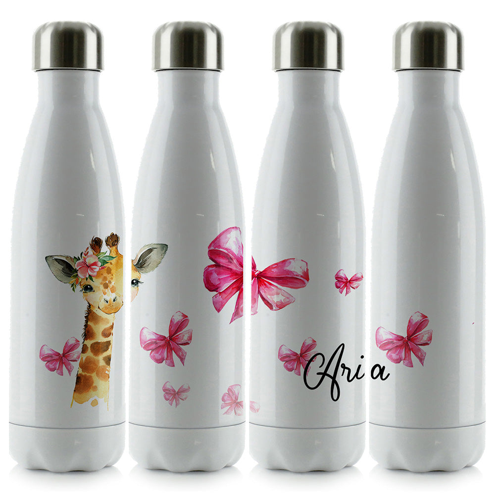 Personalised Giraffe Pink Glitter Bows and Name Cola Bottle