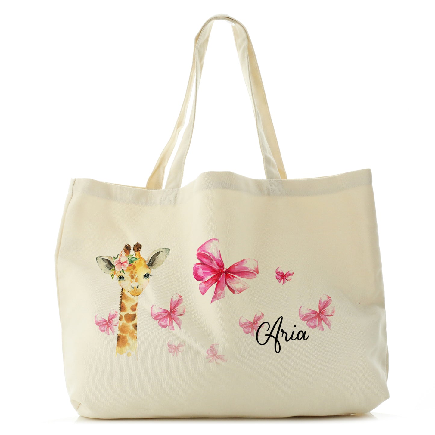 Personalised Canvas Tote Bag with Giraffe Pink Bows and Cute Text