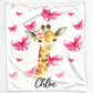Personalised Giraffe Pink Glitter Bows and Name Baby Blanket