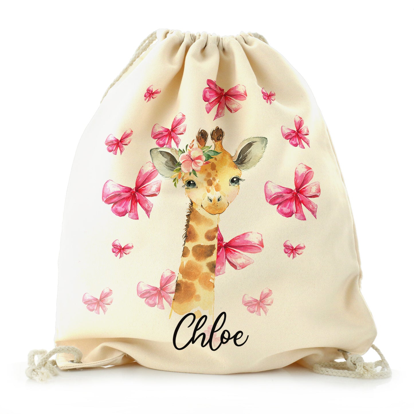 Personalised Canvas Drawstring Backpack with Giraffe Pink Bows and Cute Text