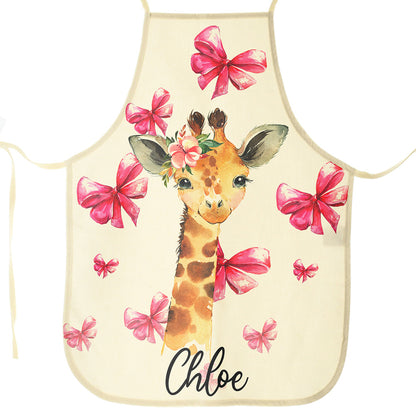 Personalised Canvas Apron with Giraffe Pink Bows and Name Design