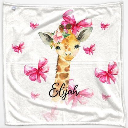 Personalised Giraffe Pink Glitter Bows and Name Baby Blanket